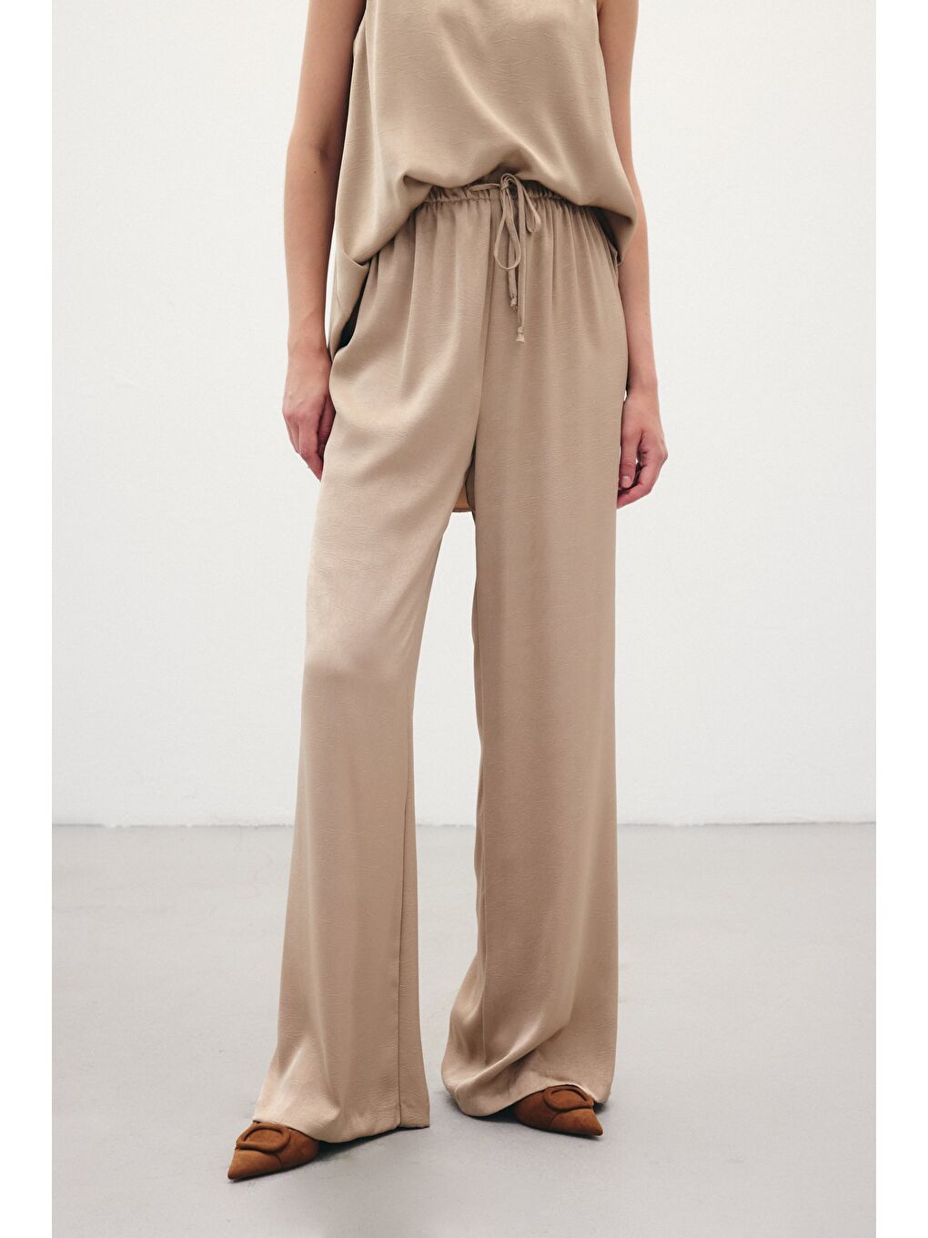 Bej Bağcıklı Salaş Pantolon - Vizon-5