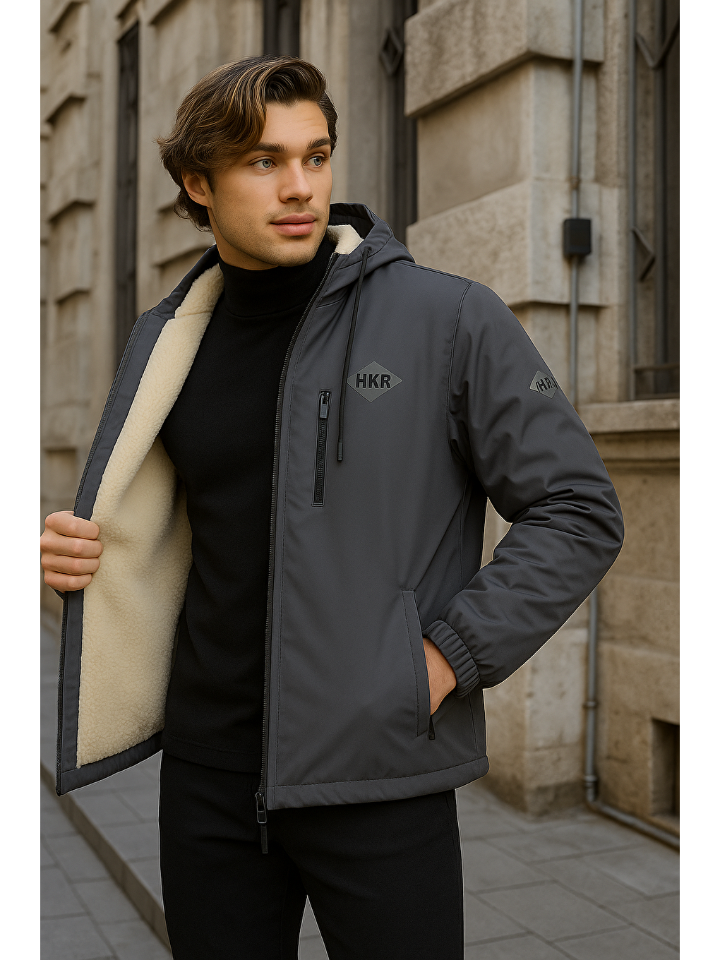 Gri Erkek Dar Füme İçi Pelüş Kürk Rüzgarlık & Yağmurluk