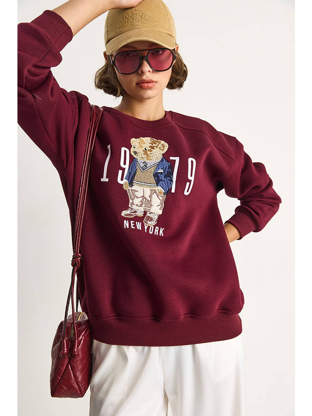 Bordo Kadın Bisiklet Yaka Teddy Nakış Detaylı Sweat-4