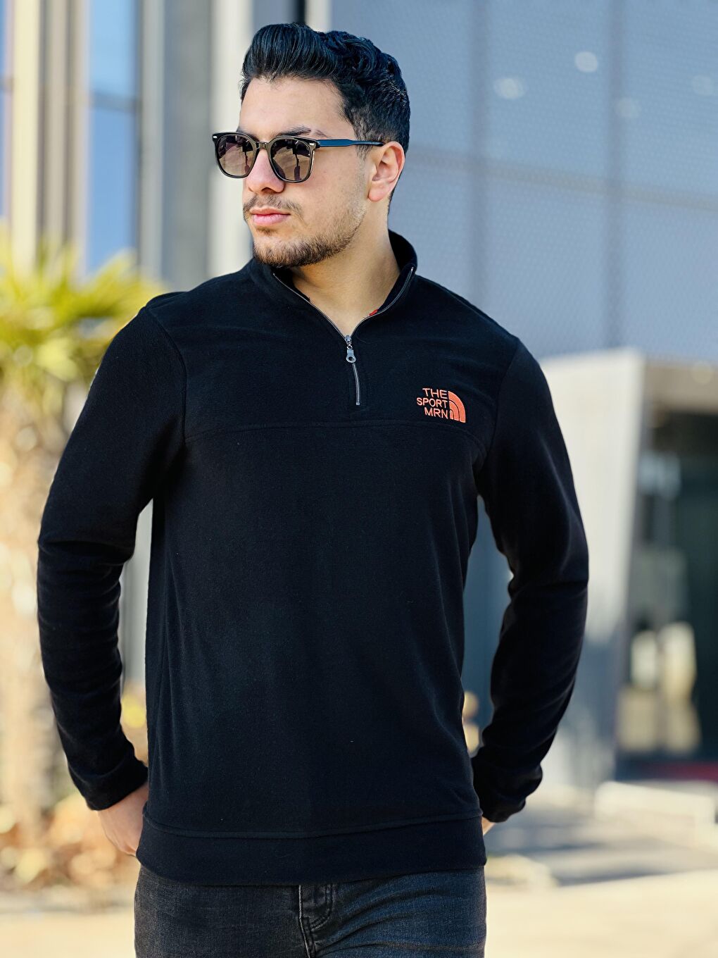 Miron Siyah Unisex Nakışlı Dik Yaka Yarım Fermuarlı Polar Sweatshirt