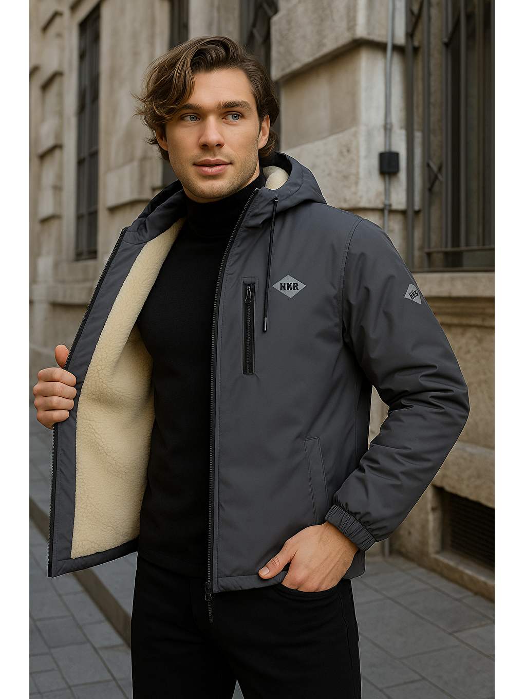 Gri Erkek Dar Füme İçi Pelüş Kürk Rüzgarlık & Yağmurluk-1