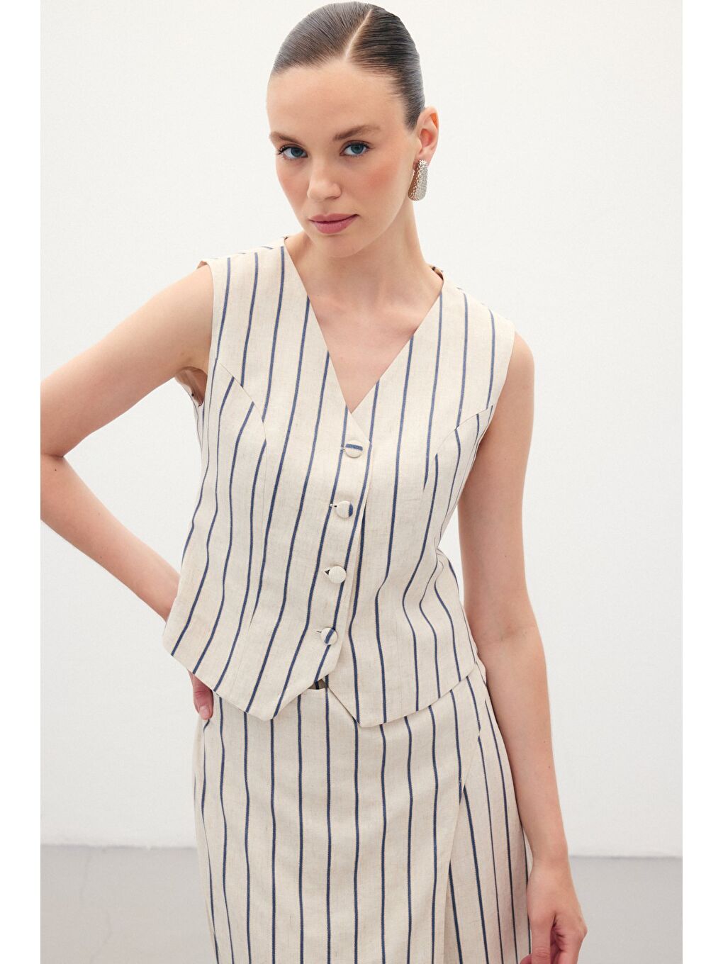 Çizgili Keten Karışımlı Yelek - Lacivert-1