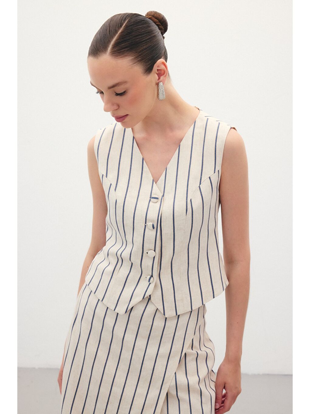 Çizgili Keten Karışımlı Yelek - Lacivert-2