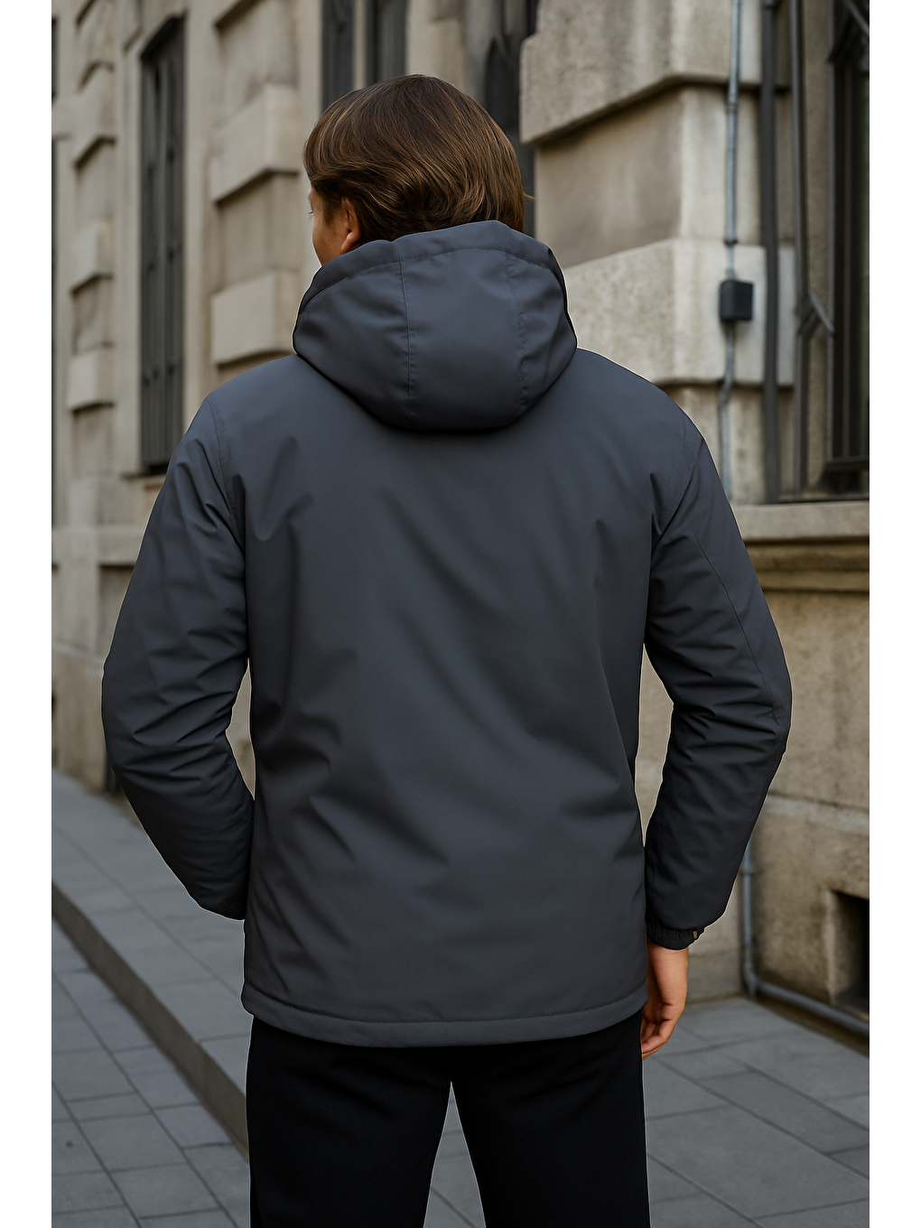 Gri Erkek Dar Füme İçi Pelüş Kürk Rüzgarlık & Yağmurluk-2