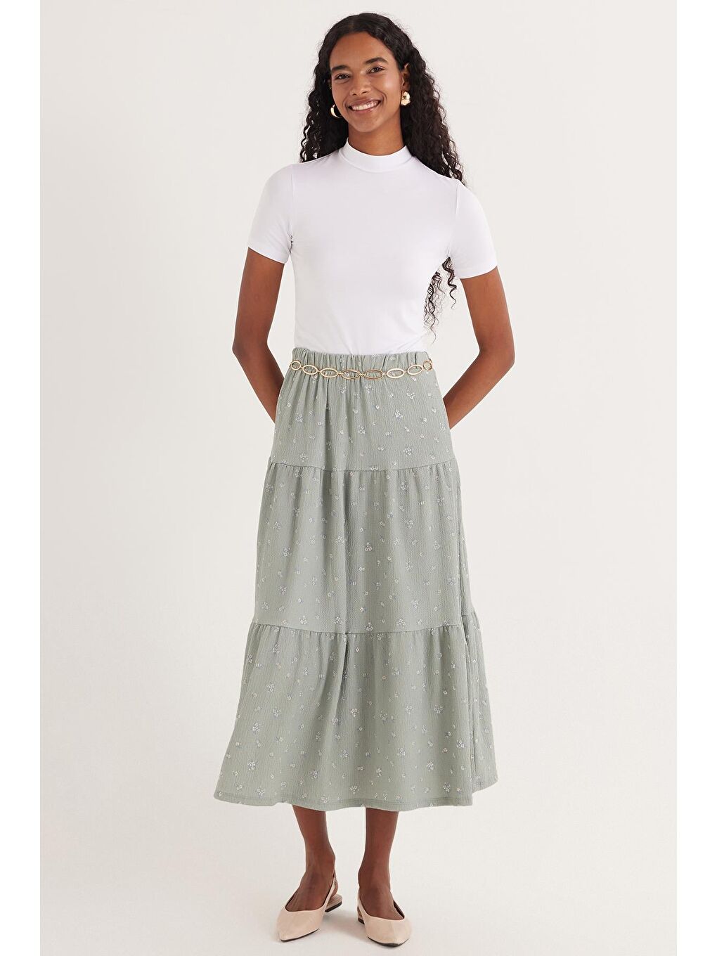 Karışık Kadın Standart Fit Beli Lastikli Baskılı Midi Boy Etek-1