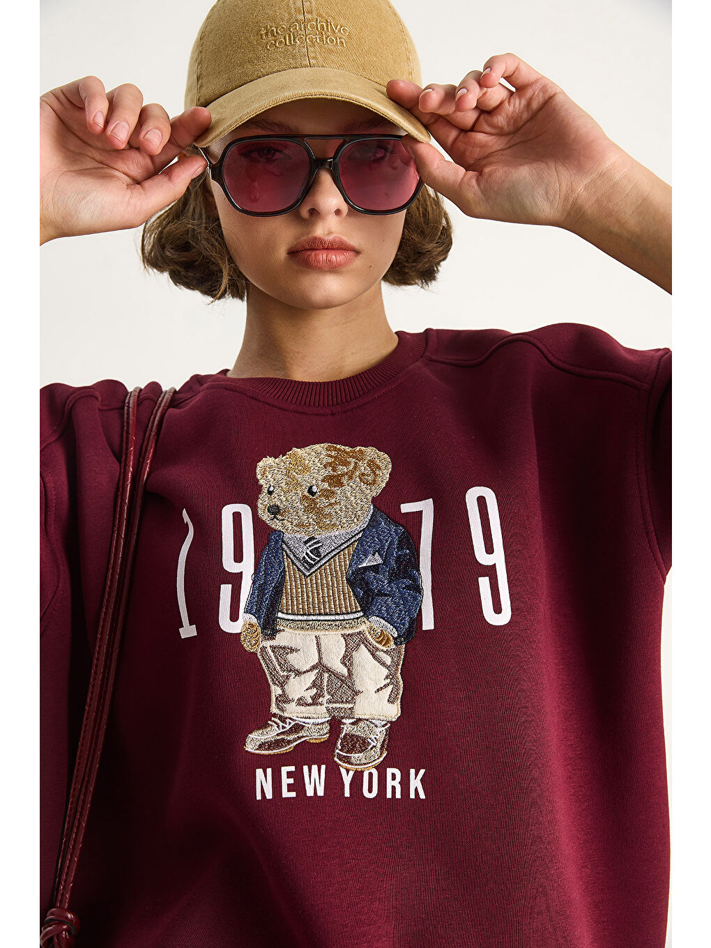 Bordo Kadın Bisiklet Yaka Teddy Nakış Detaylı Sweat-5