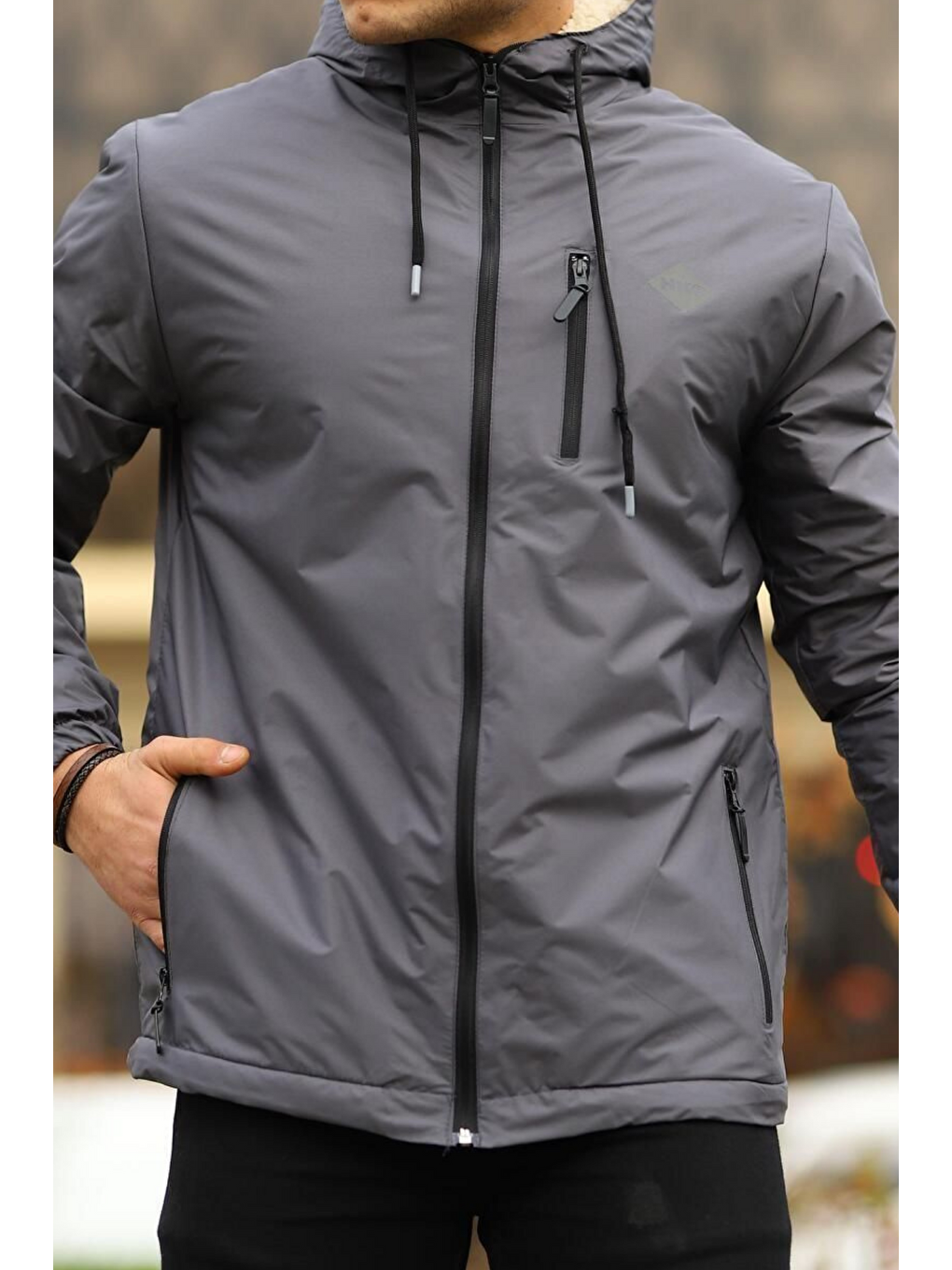 Gri Erkek Dar Füme İçi Pelüş Kürk Rüzgarlık & Yağmurluk-3
