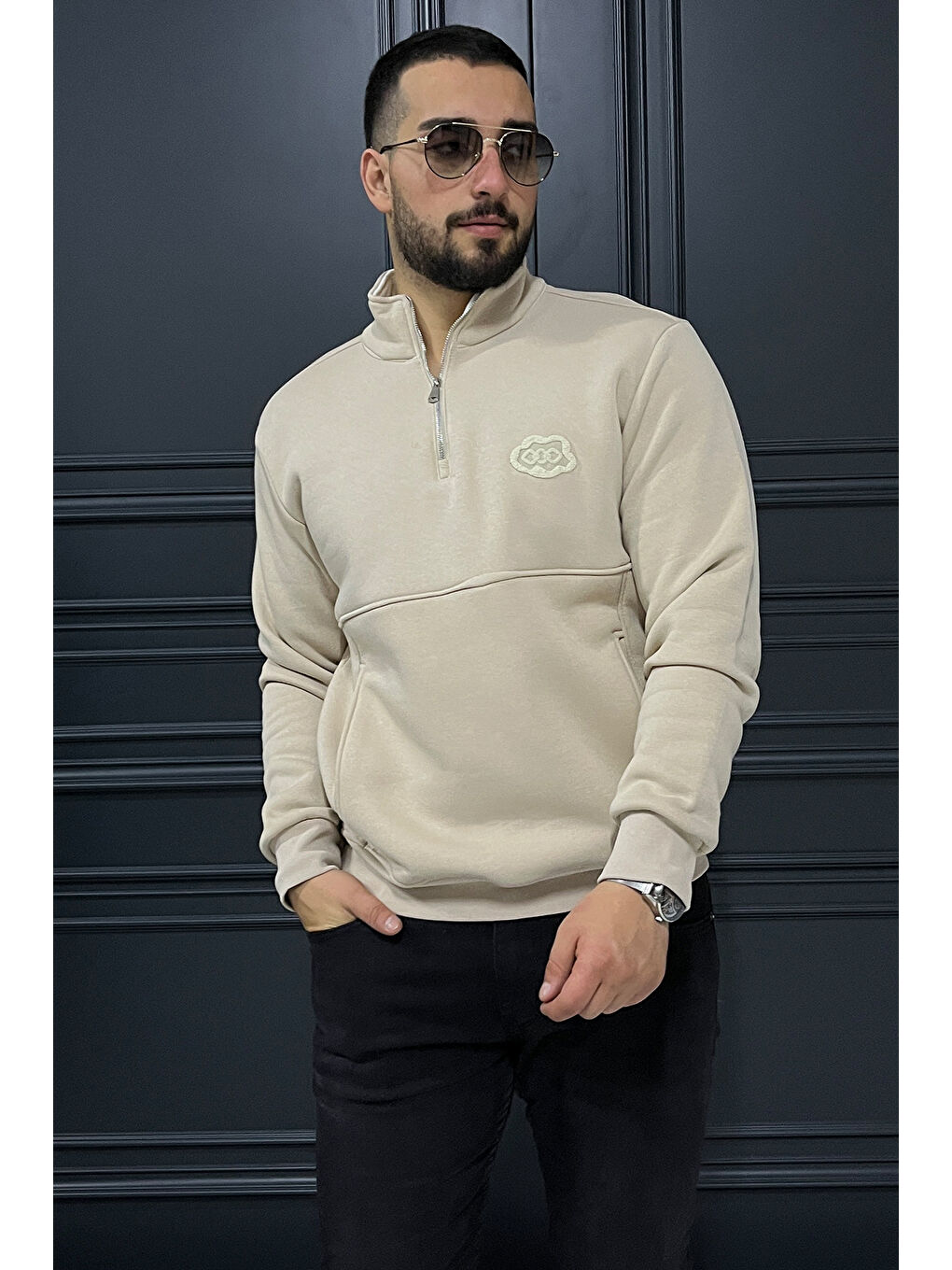 Bej Yarım Fermuarlı Cepli Double Face Erkek Sweatshirt