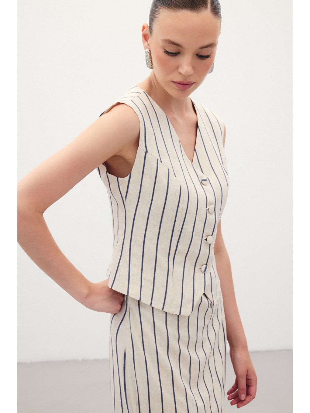 Çizgili Keten Karışımlı Yelek - Lacivert-3