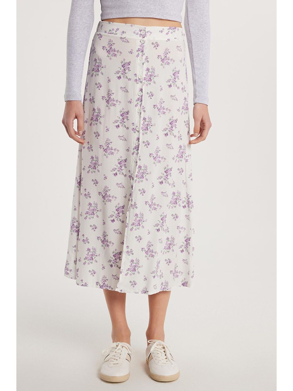 Karışık Kadın Standart Fit Düğmeli Viskon Lastikli Baskılı Midi Boy Etek