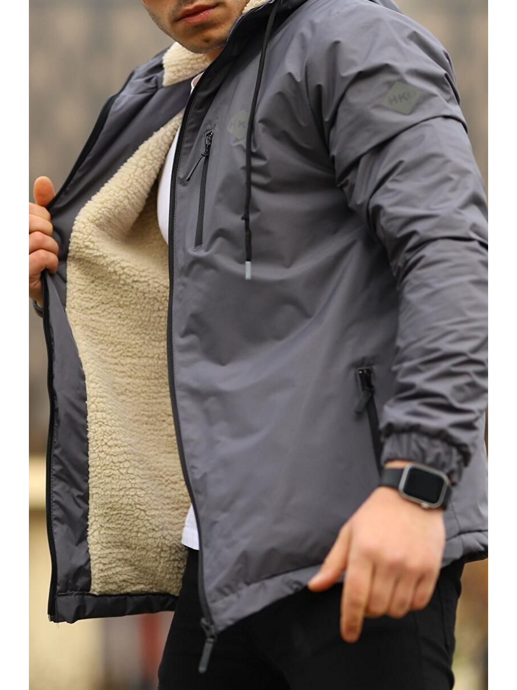 Gri Erkek Dar Füme İçi Pelüş Kürk Rüzgarlık & Yağmurluk-4