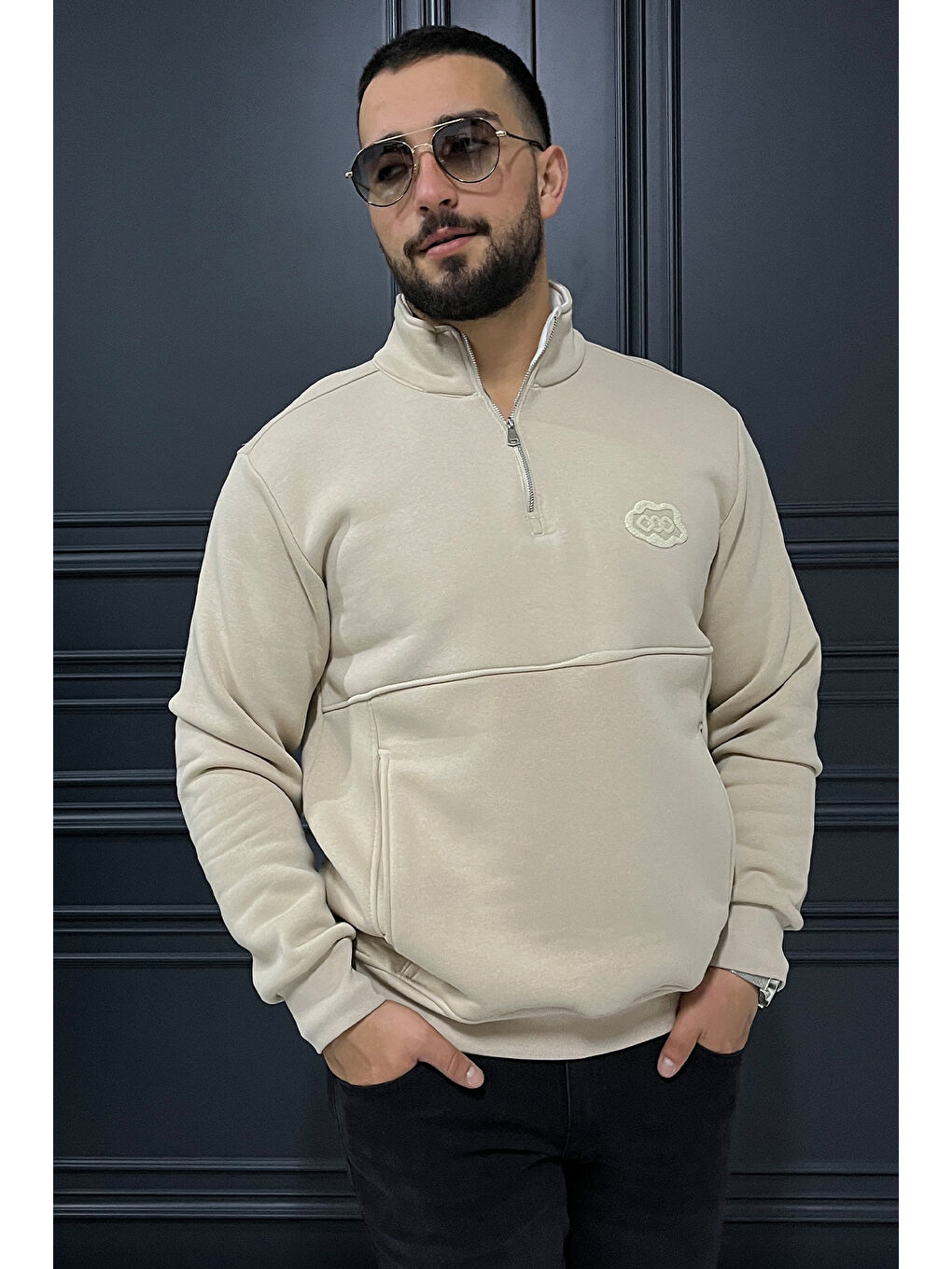Bej Yarım Fermuarlı Cepli Double Face Erkek Sweatshirt-1