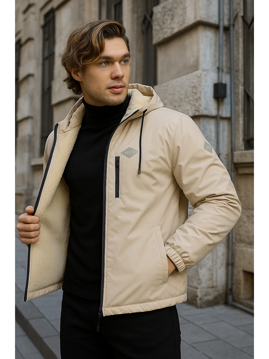 Bej Erkek Dar Taş İçi Pelüş Kürk Rüzgarlık & Yağmurluk