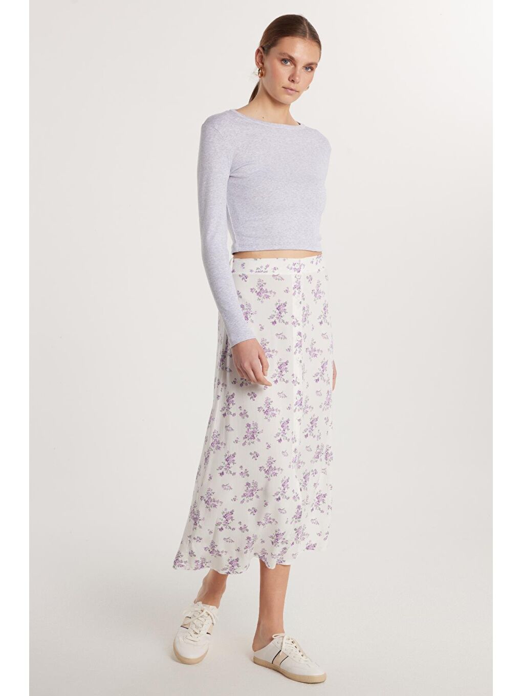 Karışık Kadın Standart Fit Düğmeli Viskon Lastikli Baskılı Midi Boy Etek-1