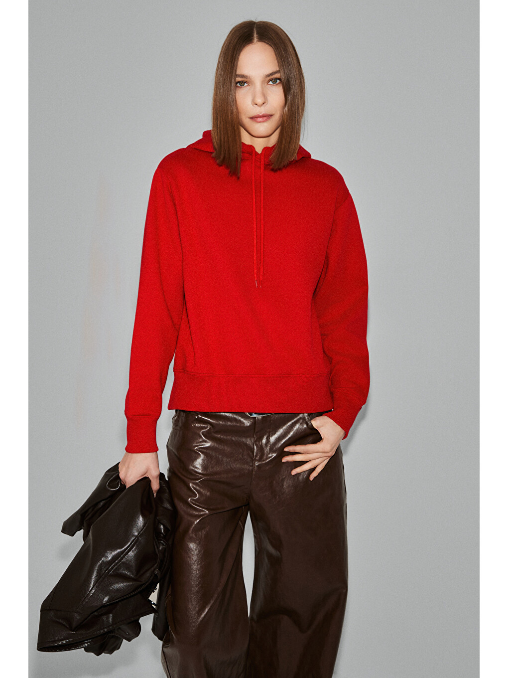 Redony Kadın Organik Pamuklu İçi Polarlı Kapüşonlu Yaka Brit Detaylı Regular Kırmızı Sweatshirt-1