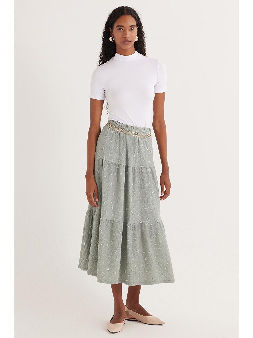 Karışık Kadın Standart Fit Beli Lastikli Baskılı Midi Boy Etek-3