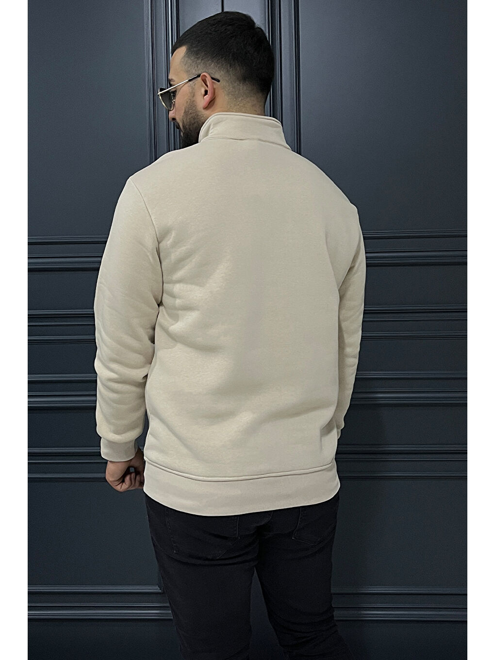 Bej Yarım Fermuarlı Cepli Double Face Erkek Sweatshirt-2