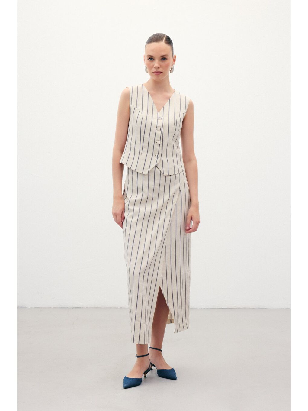 Çizgili Keten Karışımlı Yelek - Lacivert-4