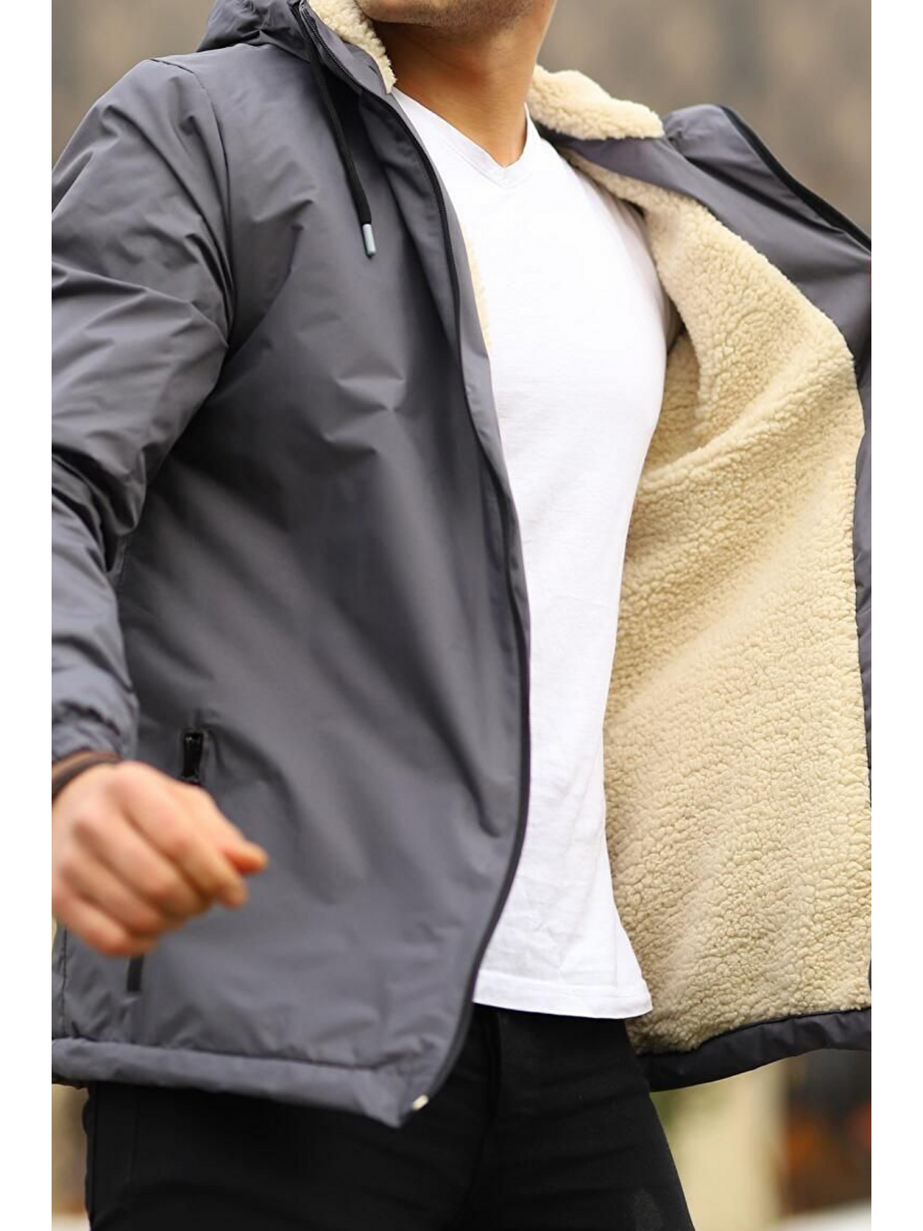 Gri Erkek Dar Füme İçi Pelüş Kürk Rüzgarlık & Yağmurluk-5