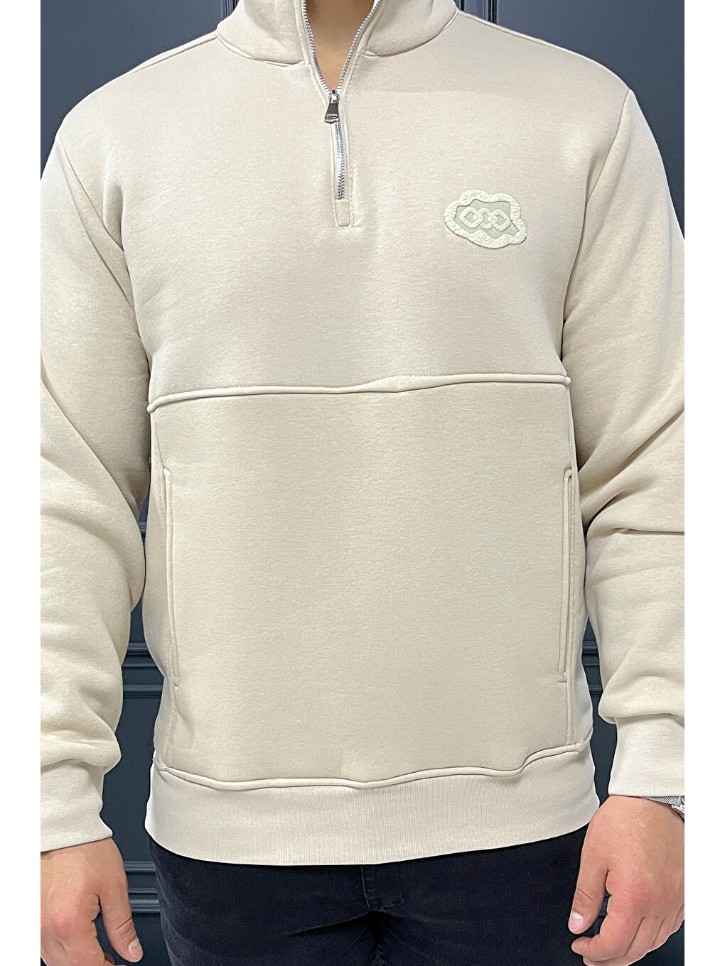 Bej Yarım Fermuarlı Cepli Double Face Erkek Sweatshirt-3