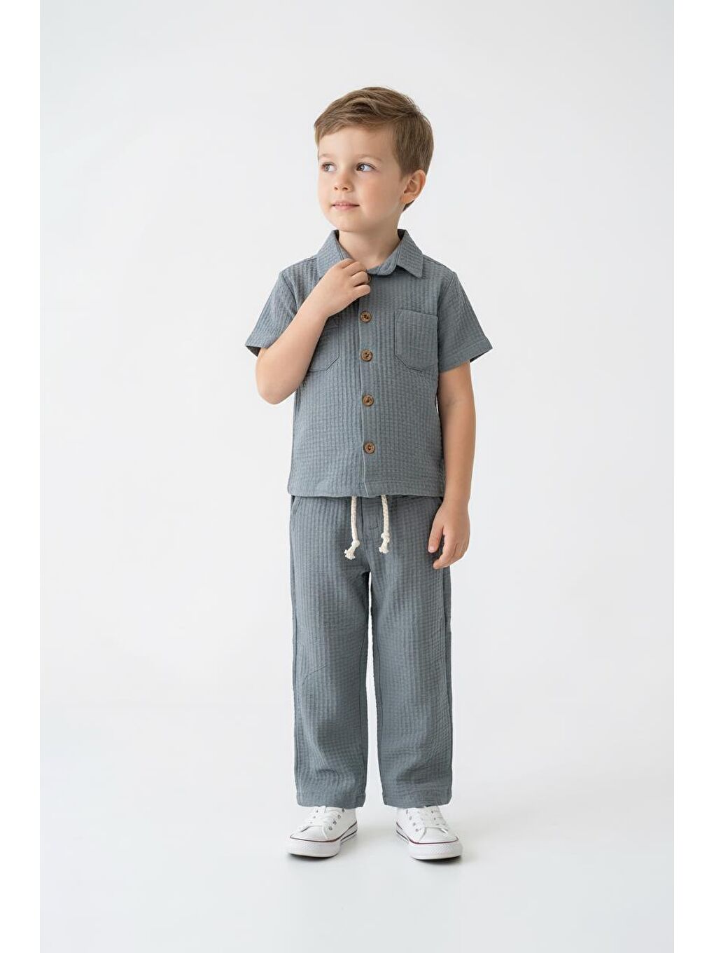 Bej Gofreli Yazlık Gömlek 2li Takım-3