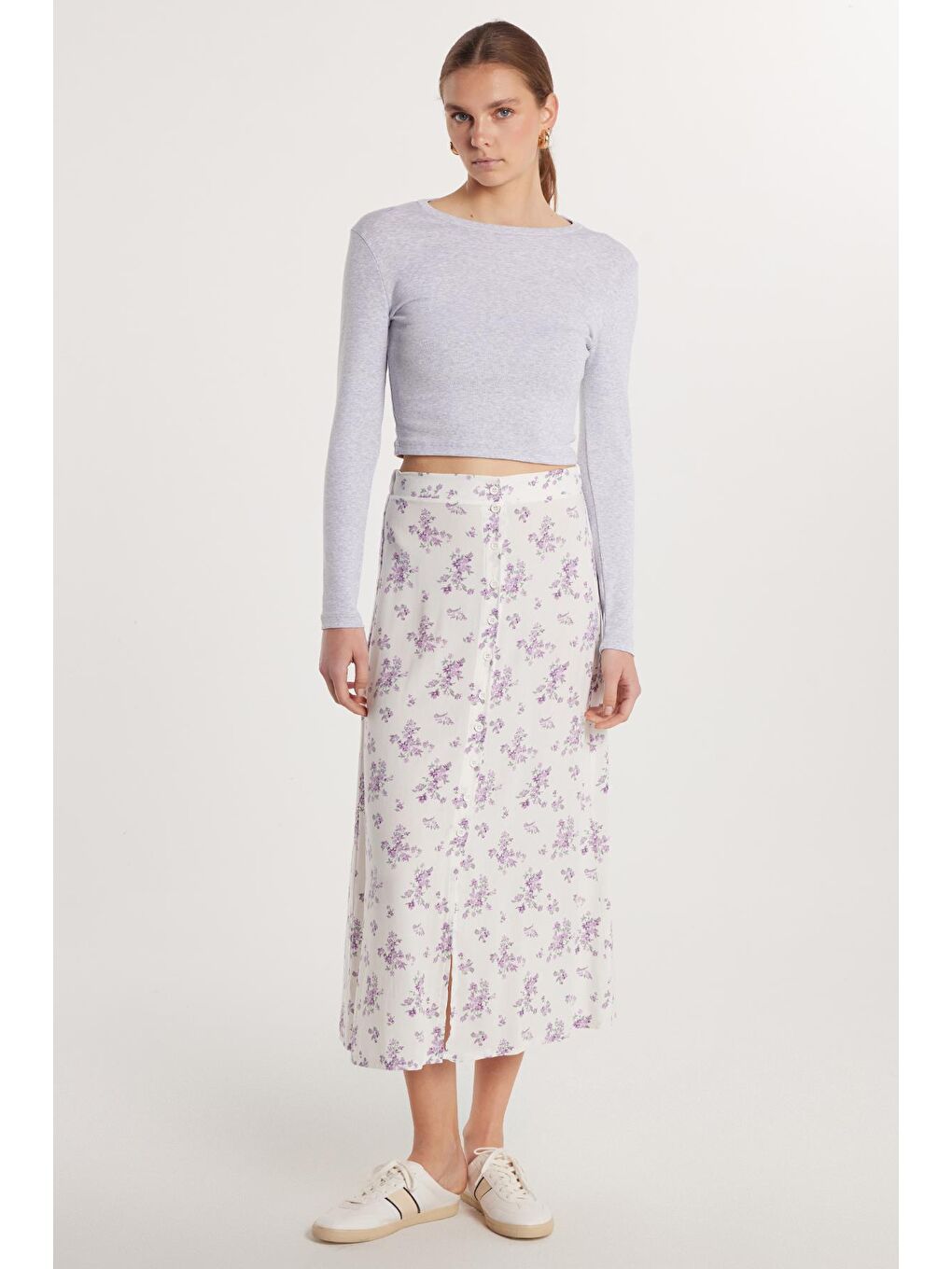 Karışık Kadın Standart Fit Düğmeli Viskon Lastikli Baskılı Midi Boy Etek-3