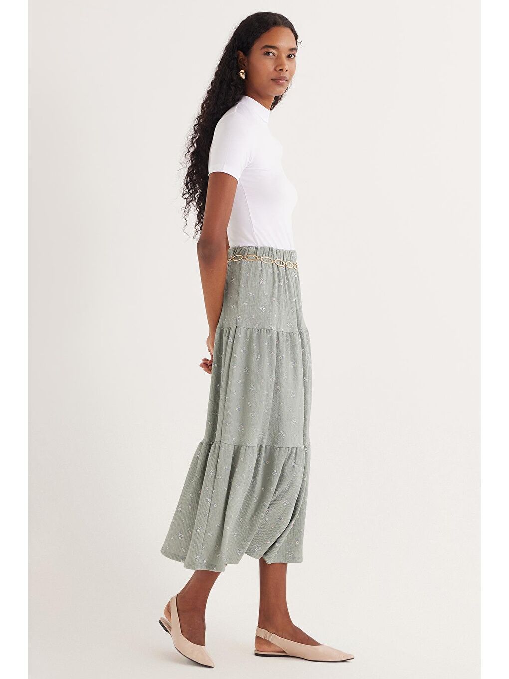 Karışık Kadın Standart Fit Beli Lastikli Baskılı Midi Boy Etek-4