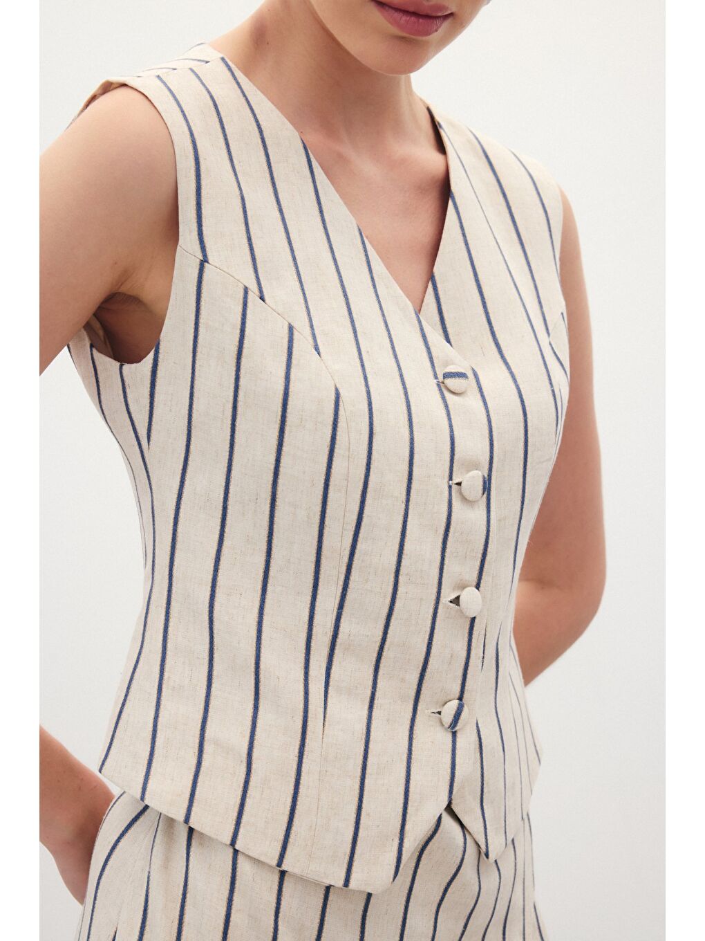 Çizgili Keten Karışımlı Yelek - Lacivert-5