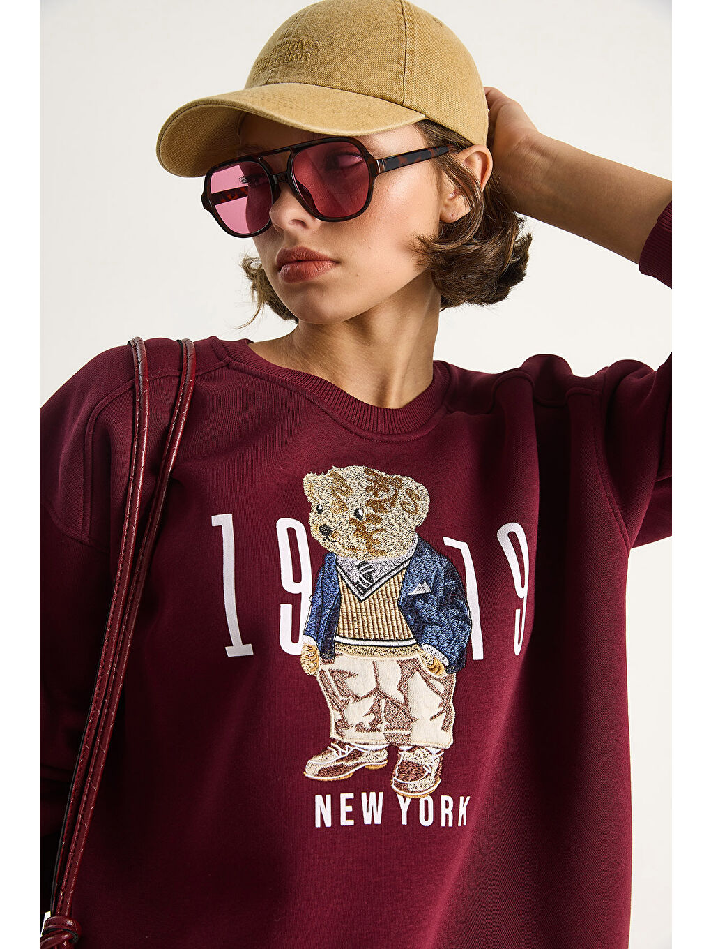 Bordo Kadın Bisiklet Yaka Teddy Nakış Detaylı Sweat-6