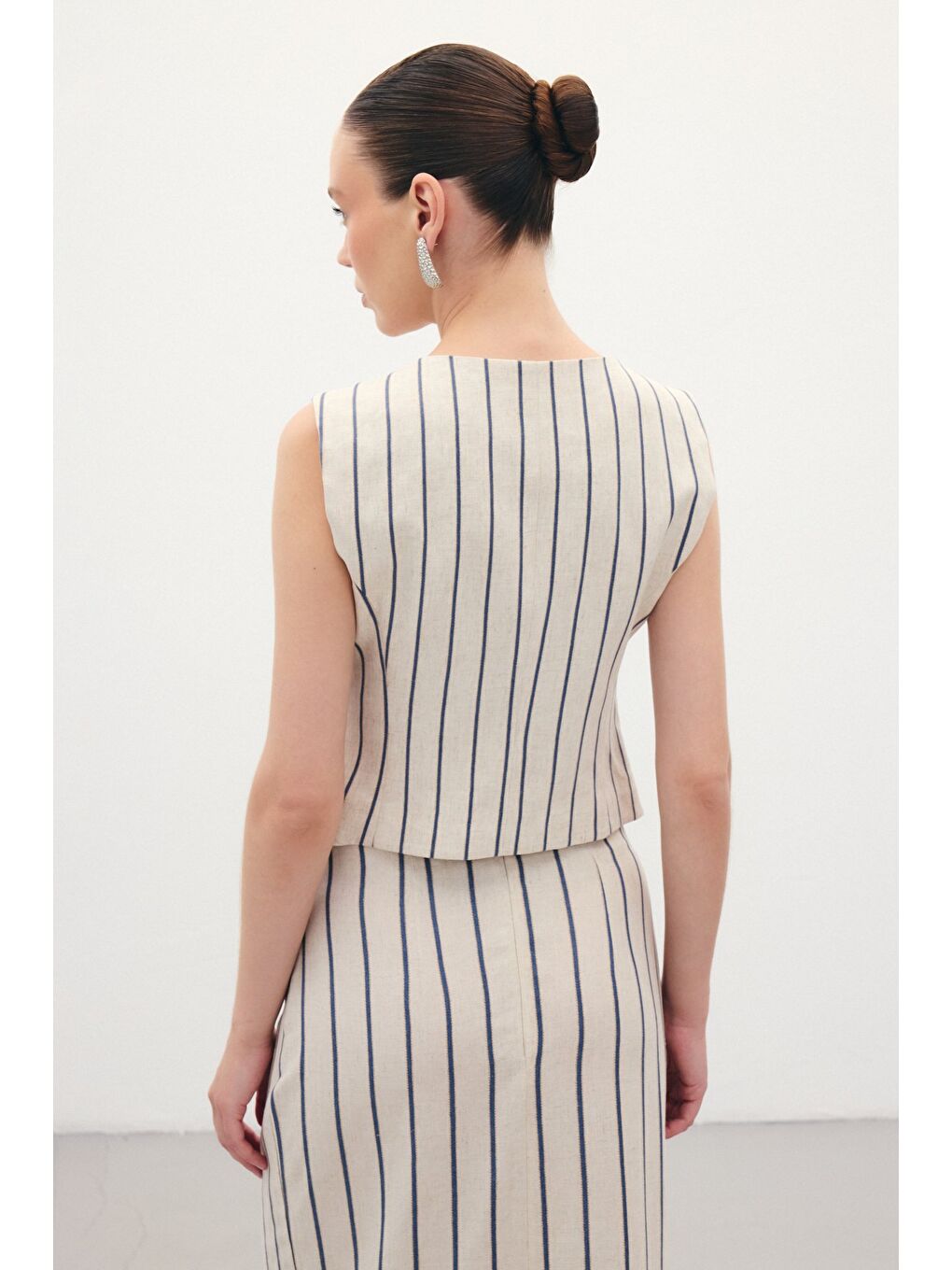 Çizgili Keten Karışımlı Yelek - Lacivert-6