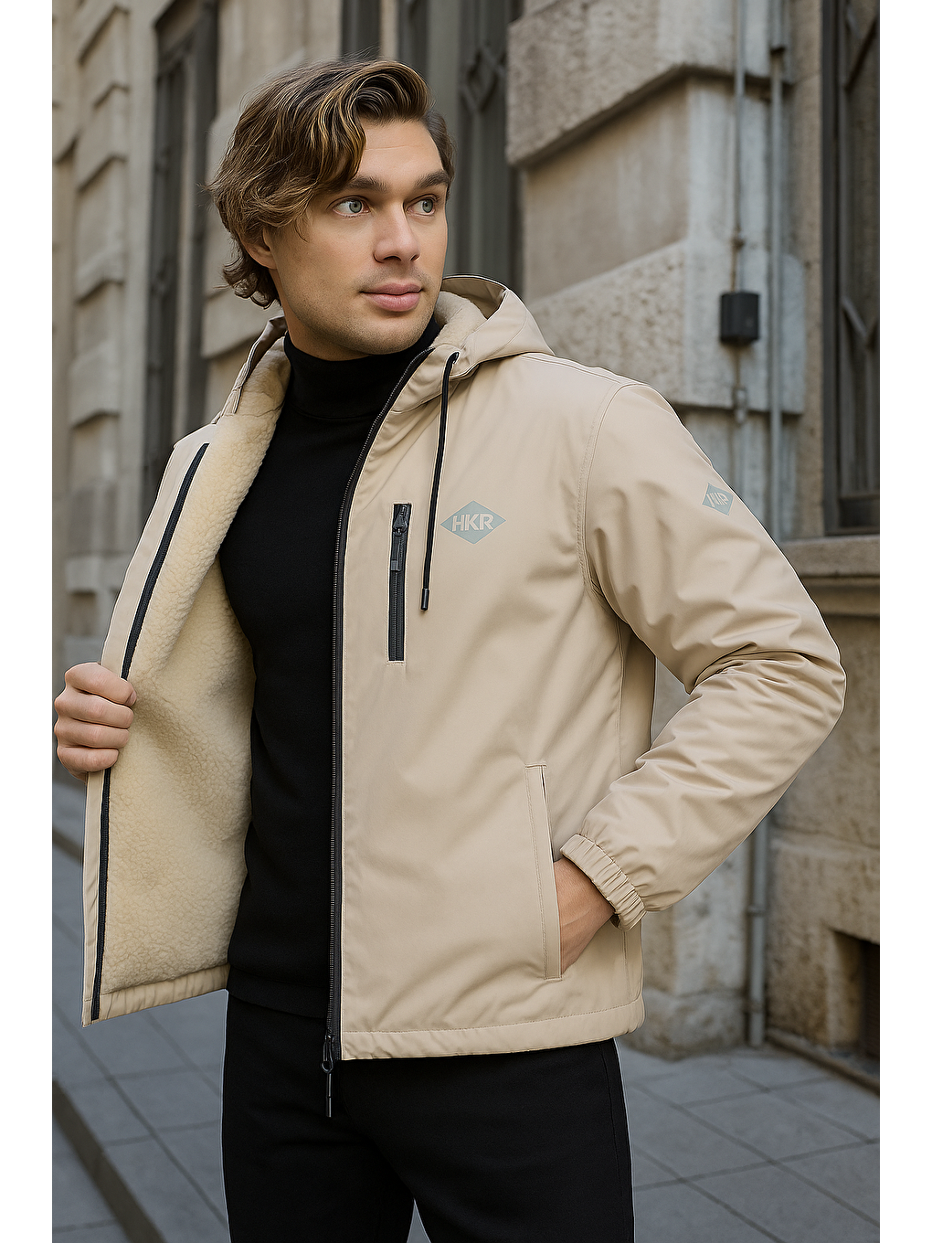 Bej Erkek Dar Taş İçi Pelüş Kürk Rüzgarlık & Yağmurluk-1