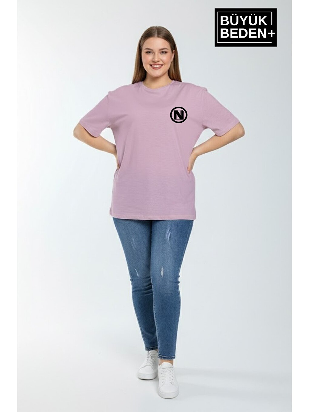 Lila Kadın Büyük Beden N Baskılı 3xl-6xl Bisiklet Yaka Tshırt SPR26BTSK510-19