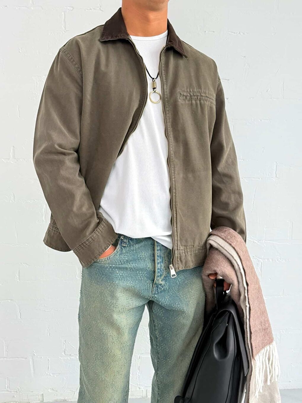 Erkek Kontrast Yakalı Regular Fit Denim Ceket Yeşil