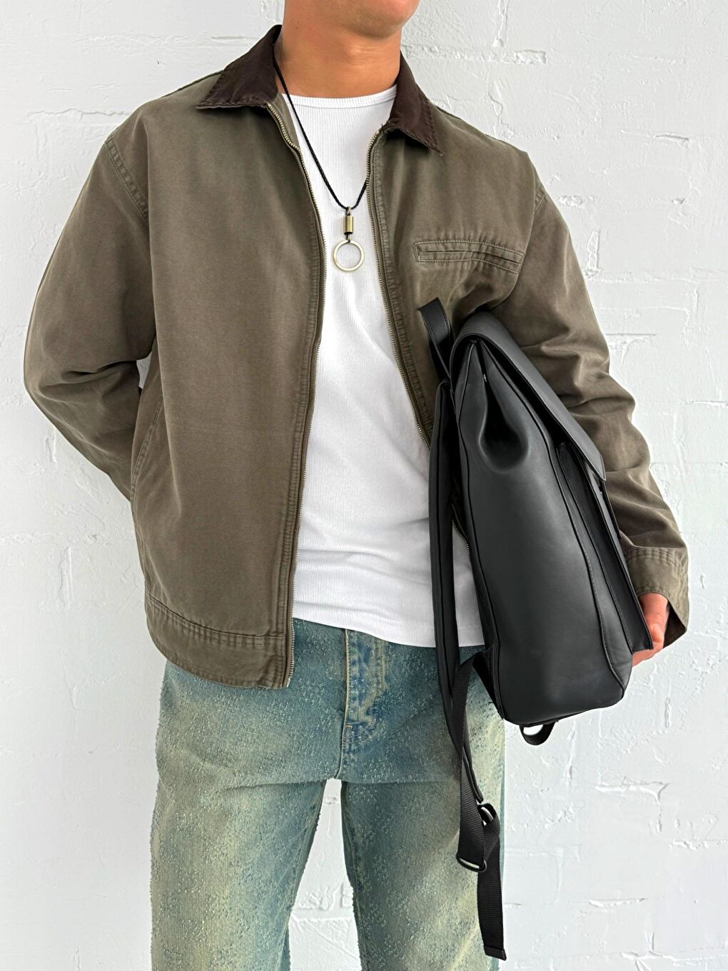 Erkek Kontrast Yakalı Regular Fit Denim Ceket Yeşil-1