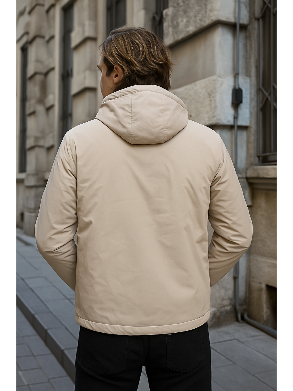 Bej Erkek Dar Taş İçi Pelüş Kürk Rüzgarlık & Yağmurluk-2