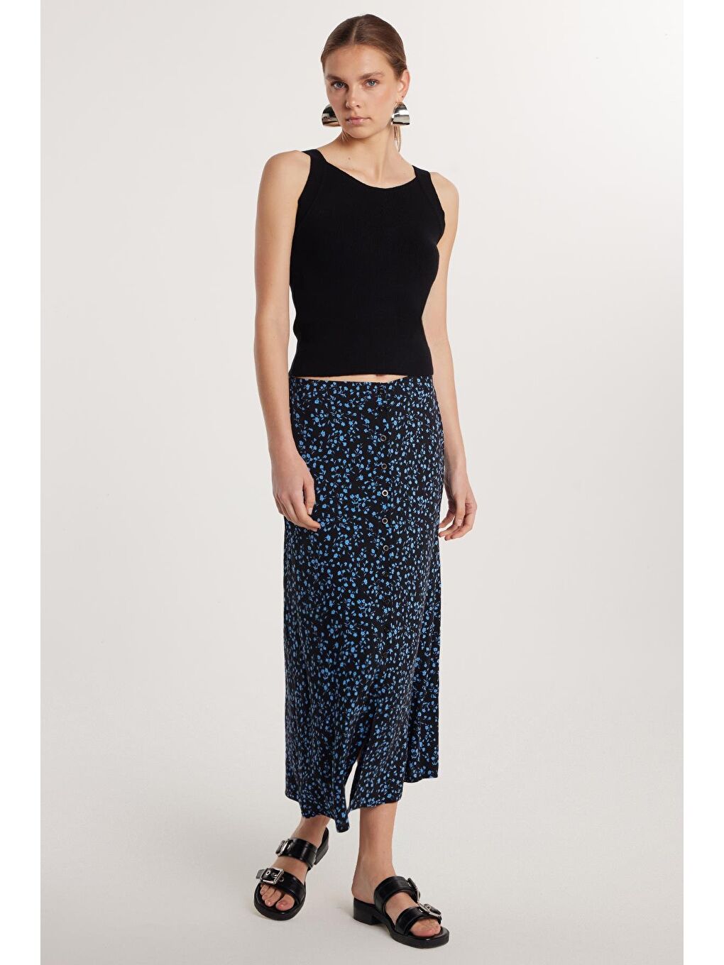 Karışık Kadın Standart Fit Düğmeli Viskon Lastikli Baskılı Midi Boy Etek-1