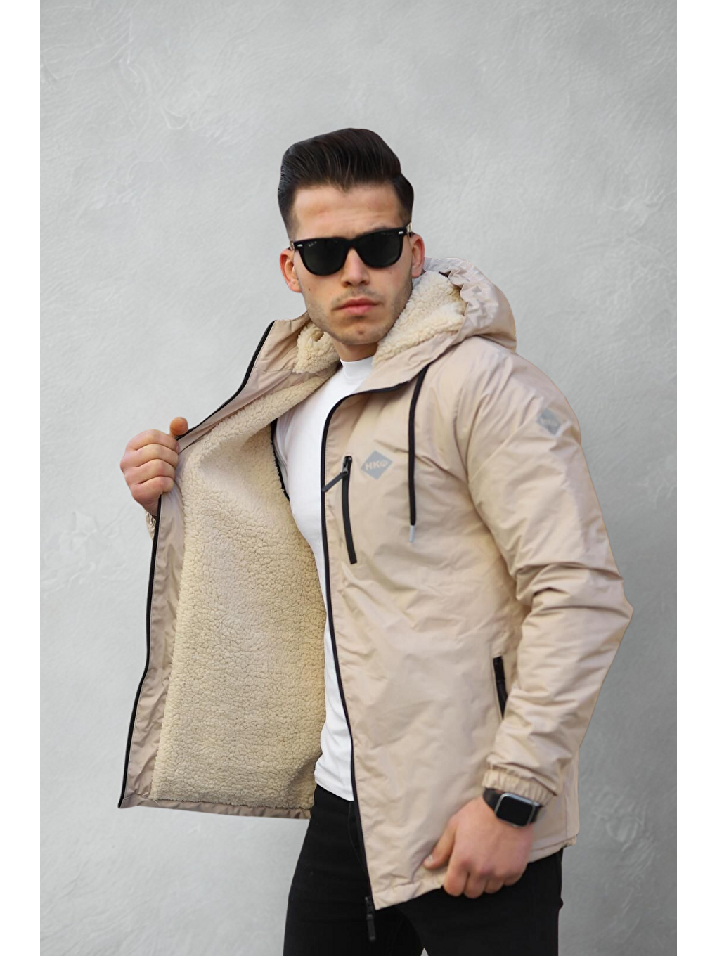 Bej Erkek Dar Taş İçi Pelüş Kürk Rüzgarlık & Yağmurluk-3