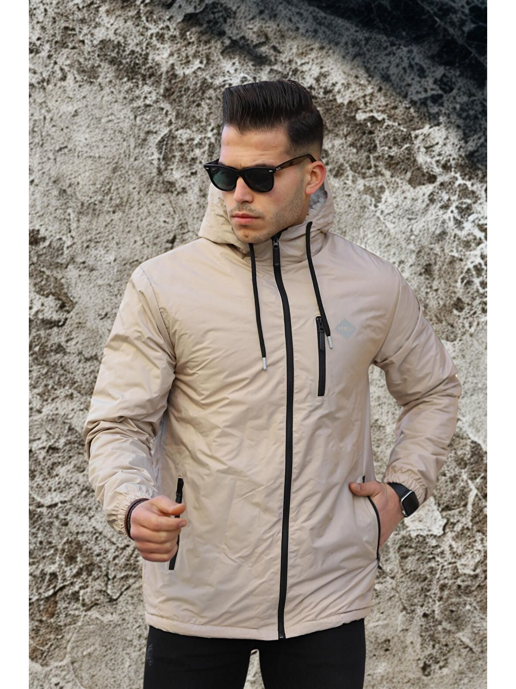 Bej Erkek Dar Taş İçi Pelüş Kürk Rüzgarlık & Yağmurluk-4