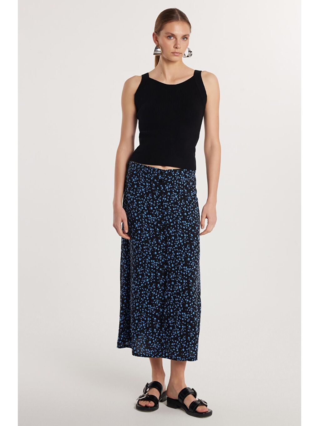 Karışık Kadın Standart Fit Düğmeli Viskon Lastikli Baskılı Midi Boy Etek-3