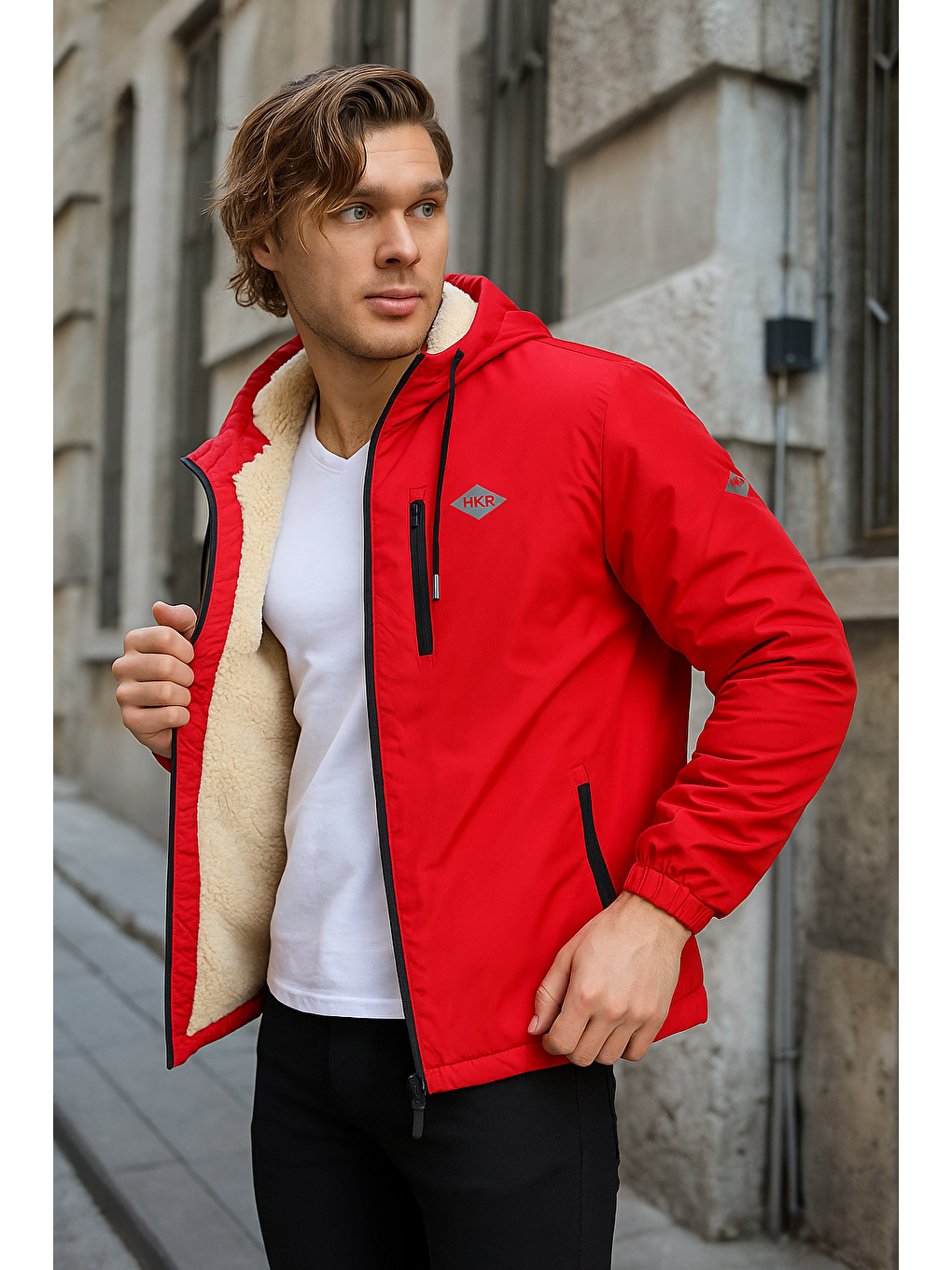 Erkek Dar Kırmızı İçi Pelüş Kürk Rüzgarlık & Yağmurluk-1
