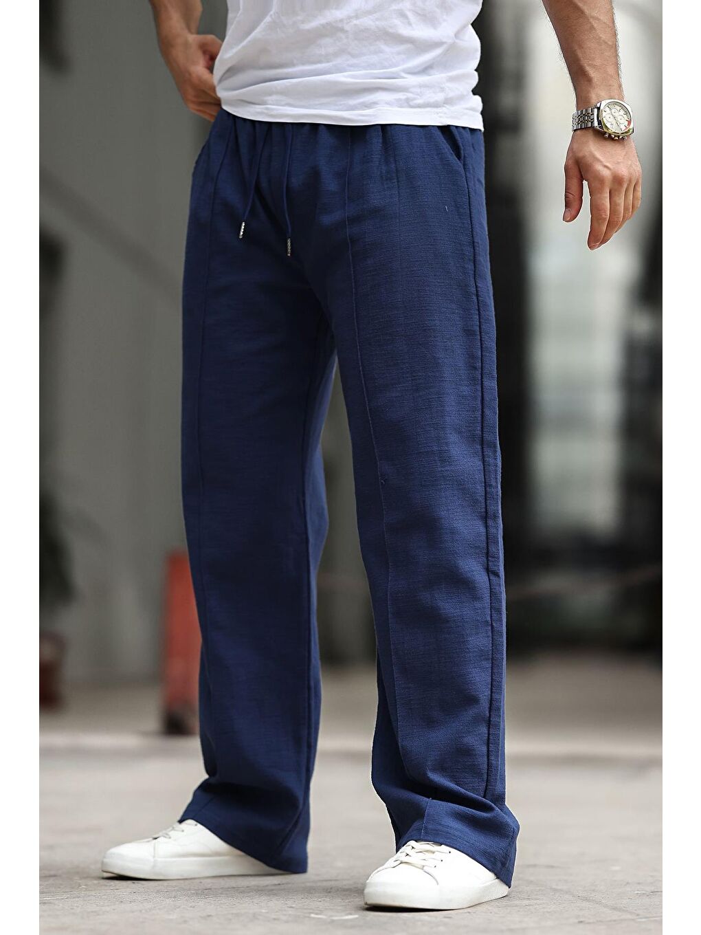 Lacivert Erkek Rahat Kesim Keten %100 Pamuk Pantolon 6539-1