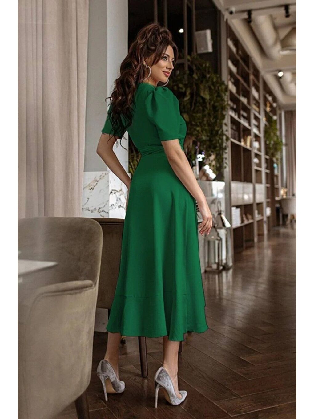 Yeşil Kadın Kruvaze Yaka Midi Boy Kuşaklı Krep Elbise 120 Cm-4