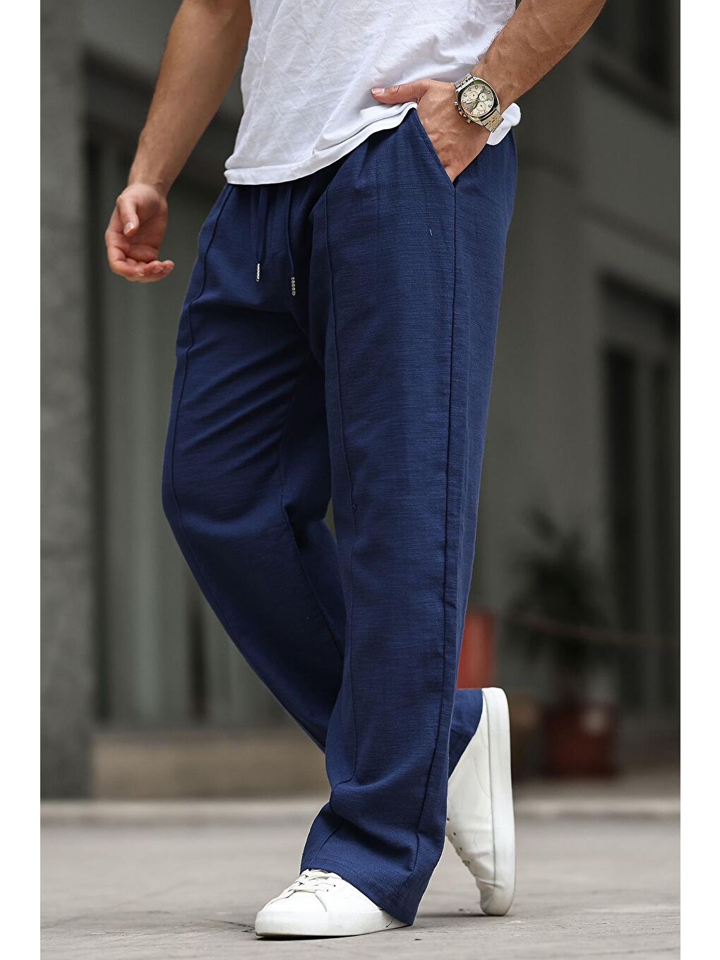 Lacivert Erkek Rahat Kesim Keten %100 Pamuk Pantolon 6539-2