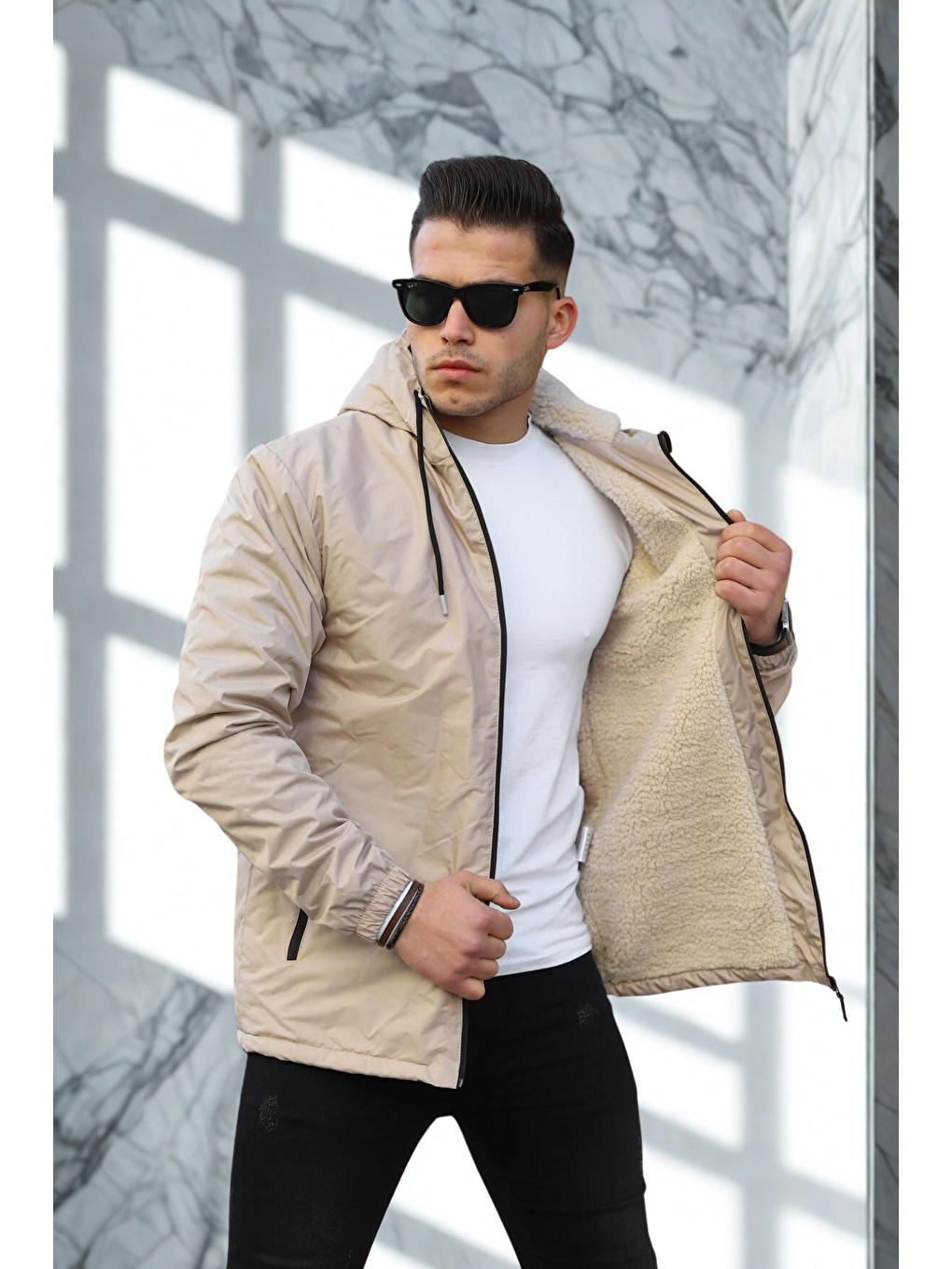 Bej Erkek Dar Taş İçi Pelüş Kürk Rüzgarlık & Yağmurluk-5