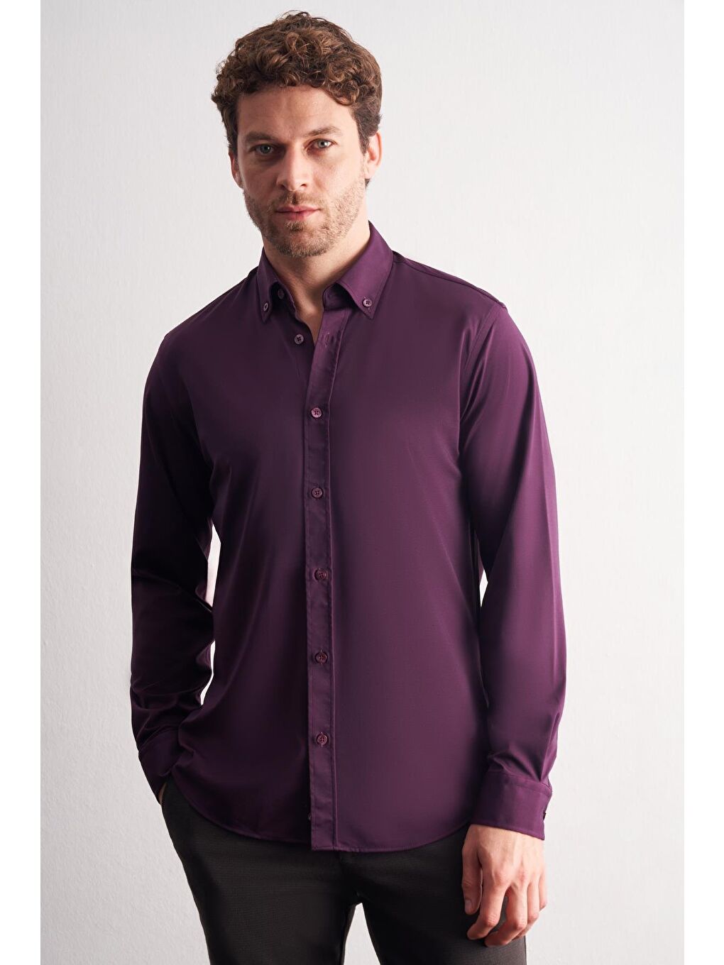 Mor Düğmeli Yaka Örme Uzun Kol Performans Ürün Slim Fit Esnek Gömlek 1004255270