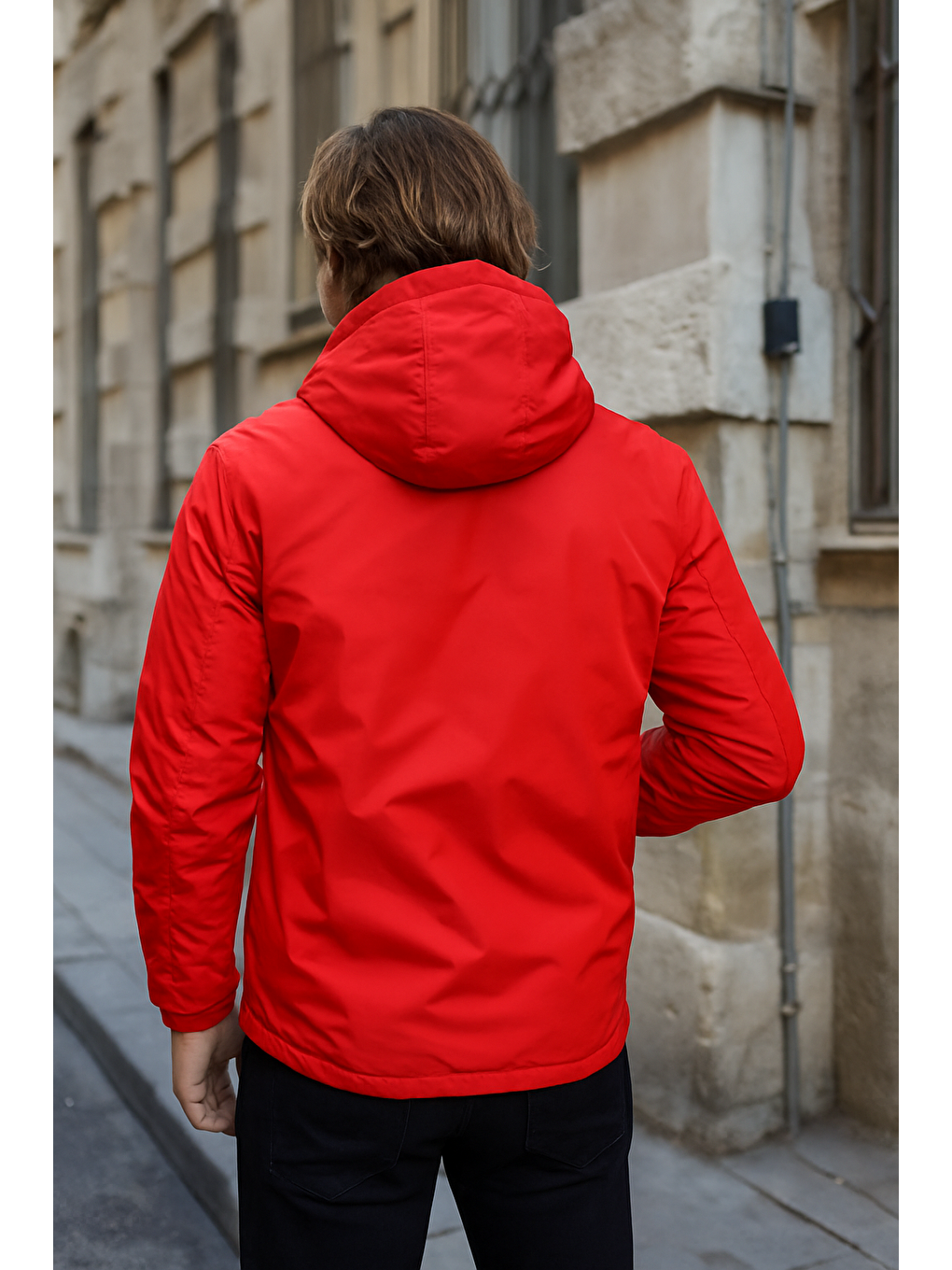 Erkek Dar Kırmızı İçi Pelüş Kürk Rüzgarlık & Yağmurluk-2