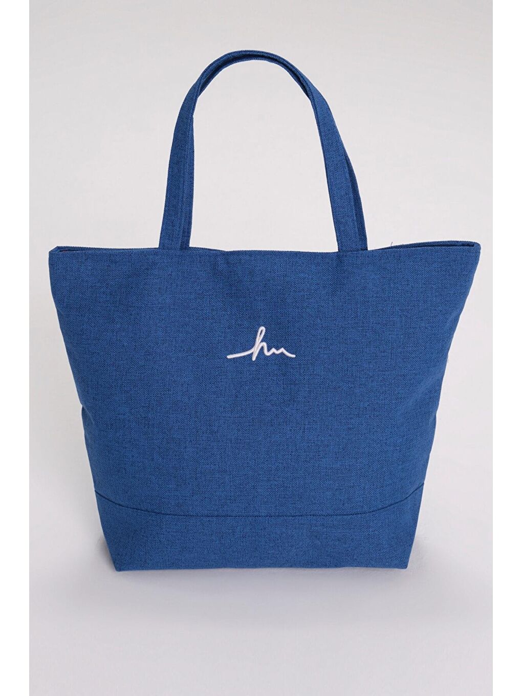 İmza Nakışlı Fermuarlı Keten Plaj Çantası Mavi 21