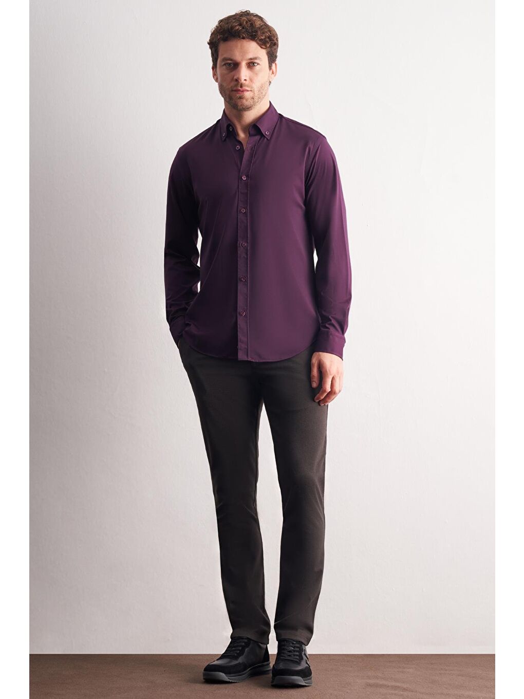 Mor Düğmeli Yaka Örme Uzun Kol Performans Ürün Slim Fit Esnek Gömlek 1004255270-1