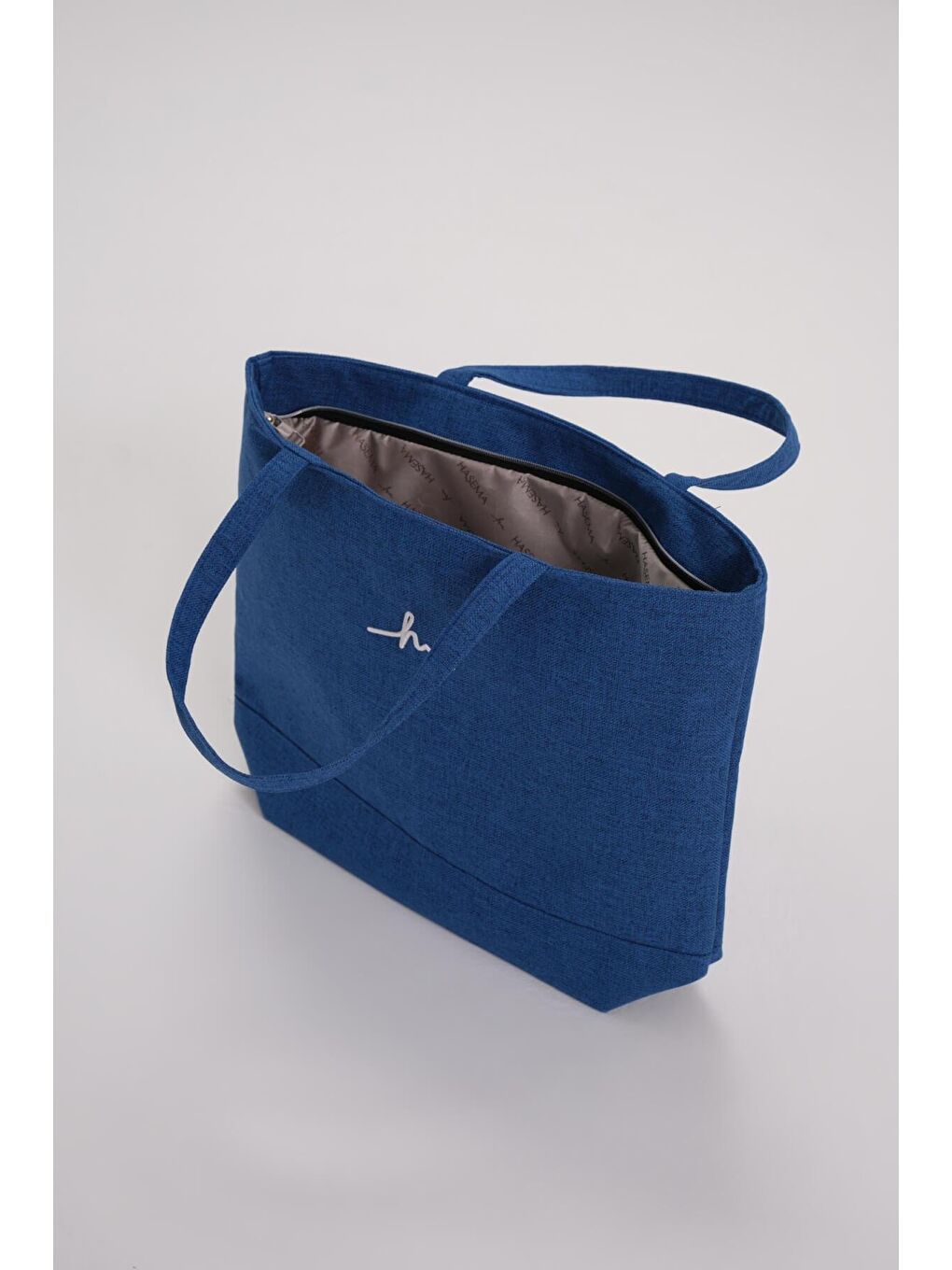 İmza Nakışlı Fermuarlı Keten Plaj Çantası Mavi 21-1
