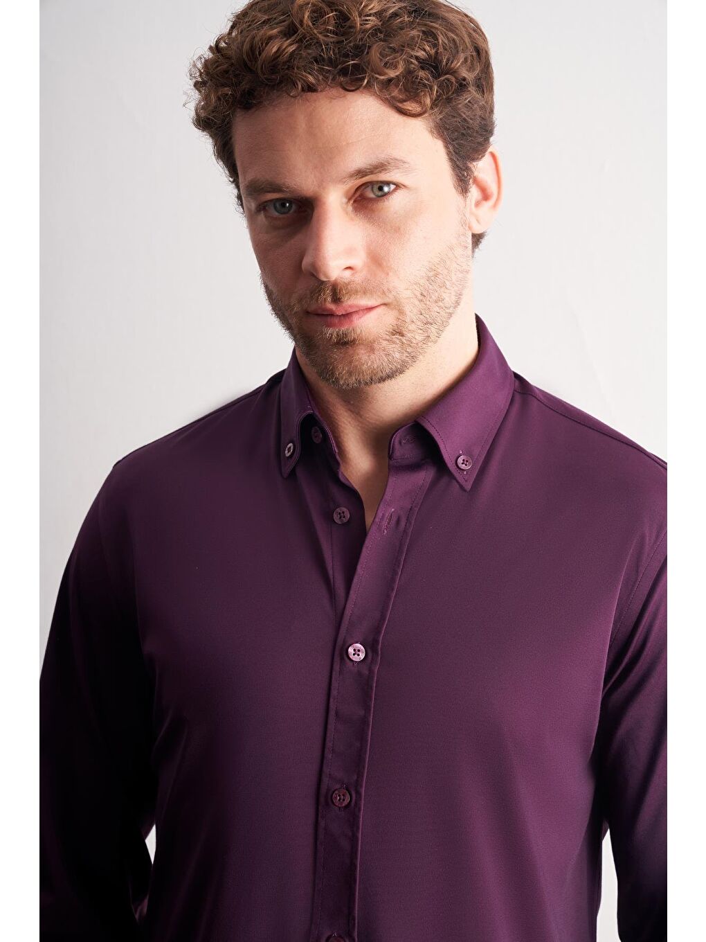 Mor Düğmeli Yaka Örme Uzun Kol Performans Ürün Slim Fit Esnek Gömlek 1004255270-3